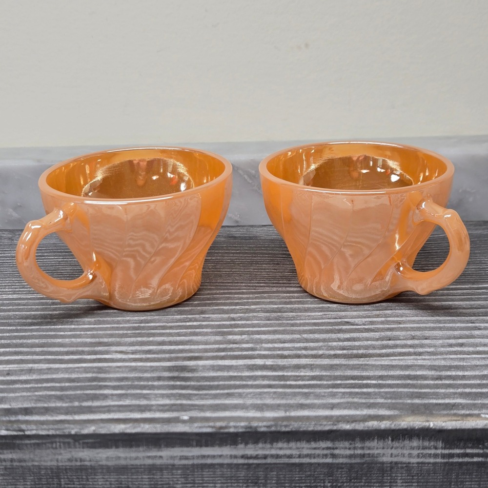 Vintage Anchor Hocking Fire‎ King Peach Luster Swirl Demitasse Demi Mini Teacups